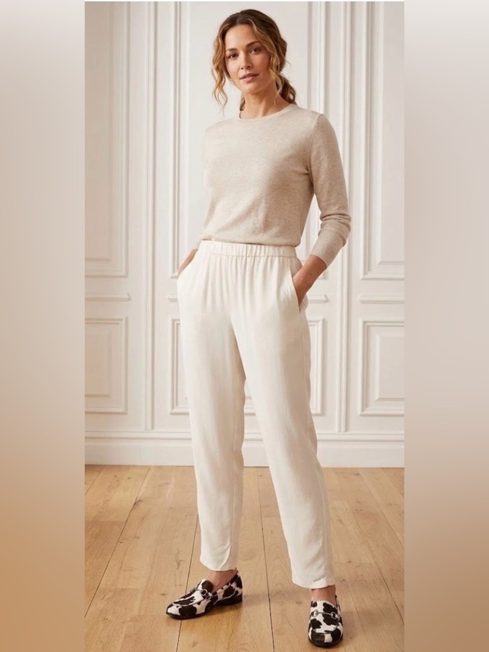 Eileen Fisher Silk Georgette Crepe Slouchy Ankle Pants Bone XL